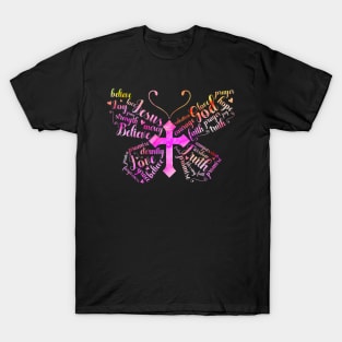 Butterfly Prayer Jesus Christian Cross Floral Pattern T-Shirt